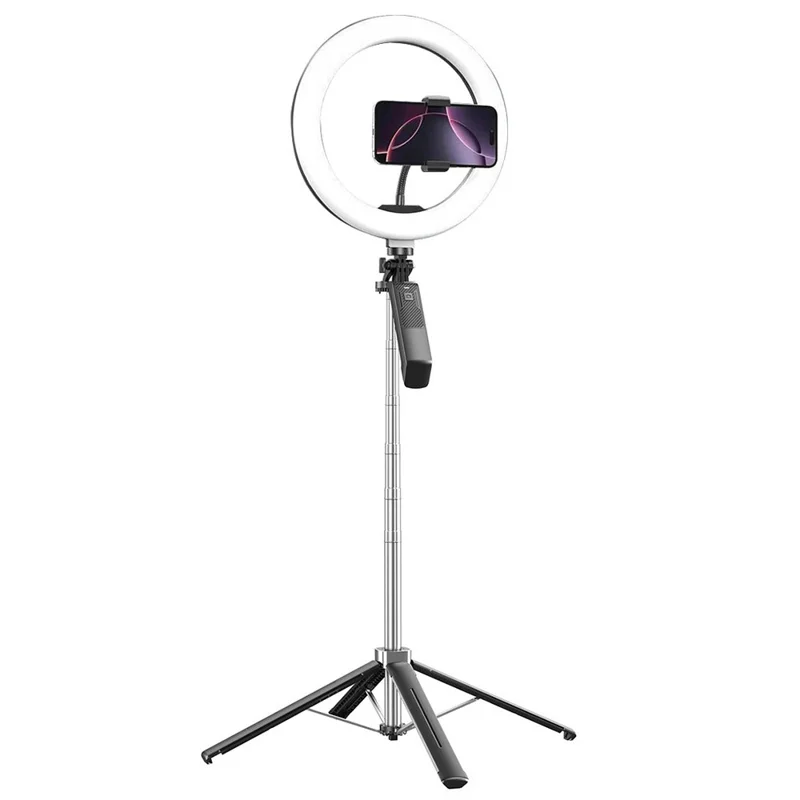 P18 Bastão de Selfie Portátil para Transmissão ao Vivo com Gimbal Antivibração, Suporte de 4 Pernas e Luz de Anel de 10 Polegadas - Preto