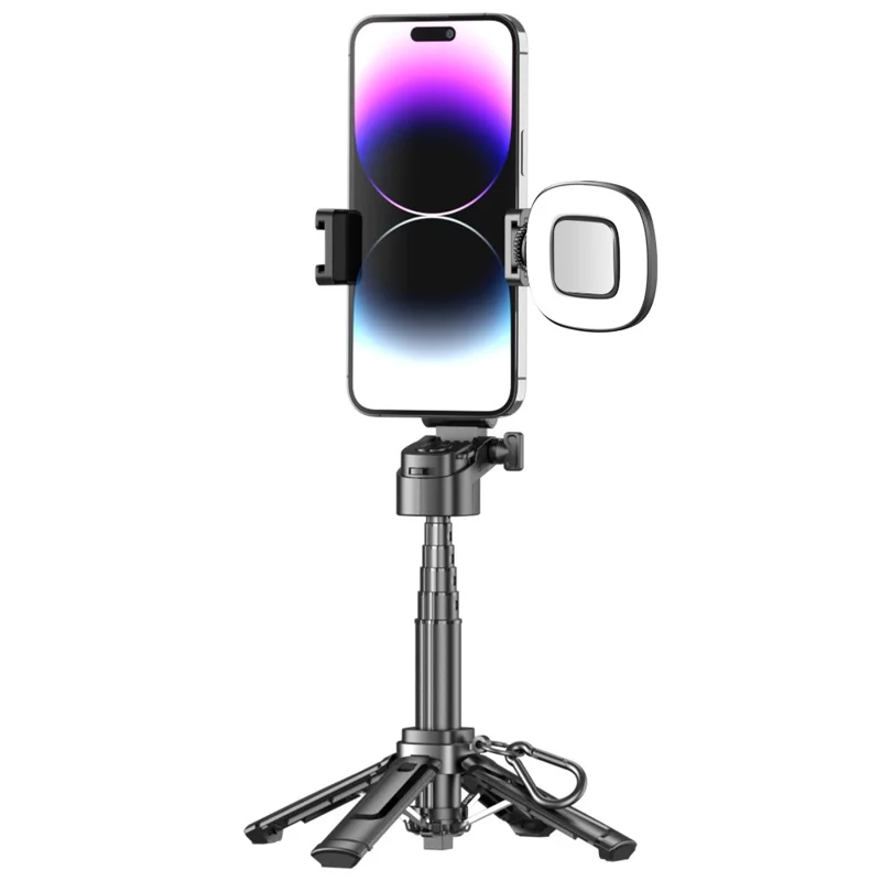 P25T Palo Selfie Portátil con Control Remoto Bluetooth, Zoom Ajustable, Soporte Extensible con 1 Luz Cuadrada - Negro