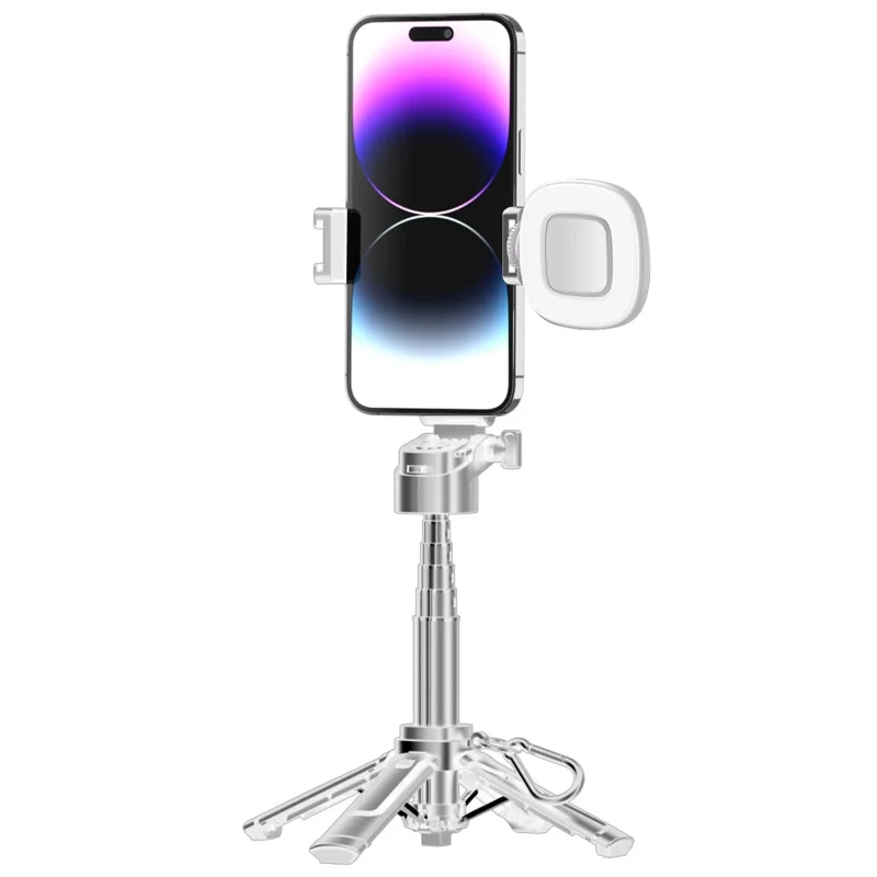 P25T Portable Selfie Stick Adjustable Zoom Bluetooth-Compatible Remote Control Extendable Bracket with 1 Square Light - White