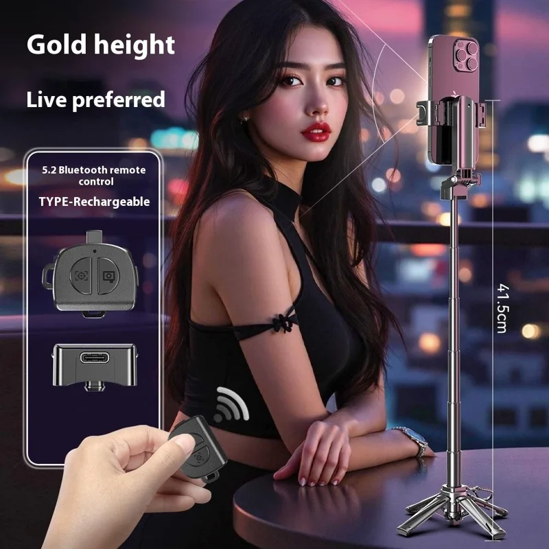 Palo Selfie Portátil P25T Ajustable Zoom Control remoto Bluetooth Soporte Extensible con 2 Luces Cuadradas - Negro