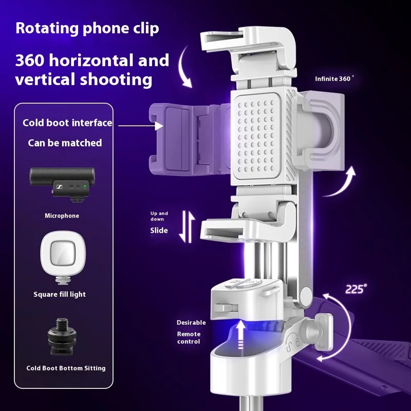 P25T Portable Selfie Stick Adjustable Zoom Bluetooth-Compatible Remote Control Extendable Bracket with 2 Square Lights - White