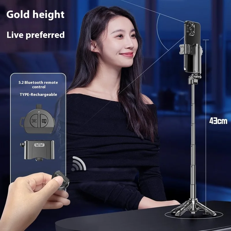 P15T Mini Portable Selfie Stick Extendable Bluetooth-Compatible Phone Tripod with LED Light - Black