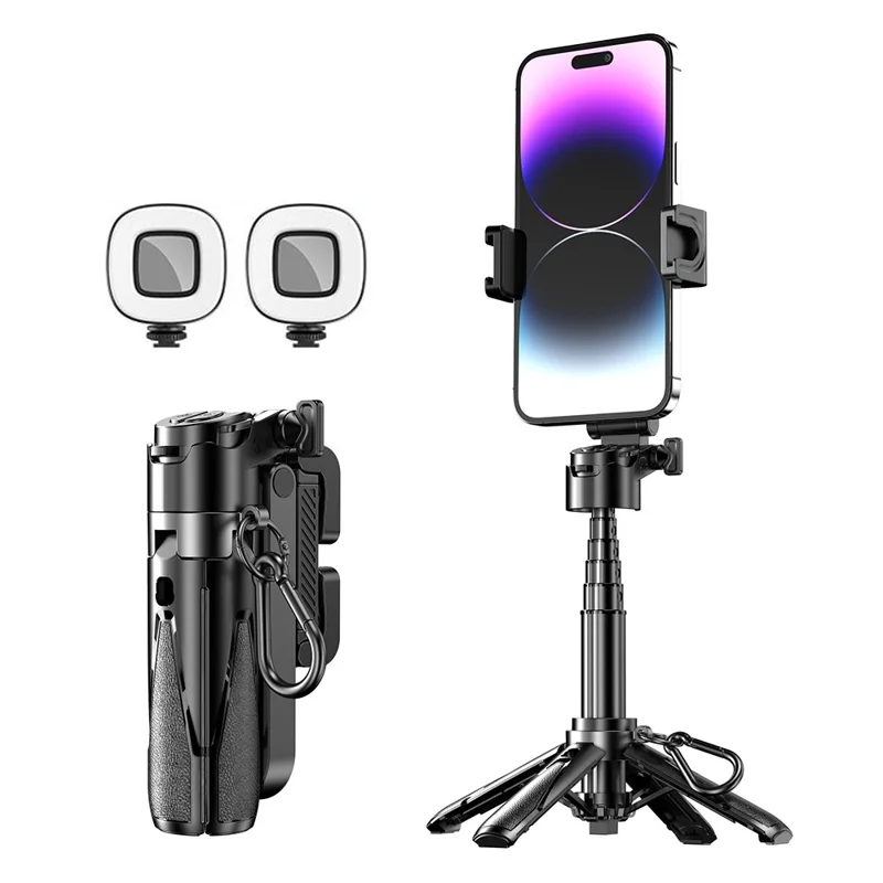 P15T Palo Selfie Mini Portátil Extensible con Trípode Compatible con Bluetooth y Luces Dobles - Negro