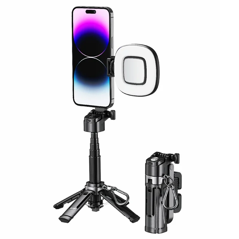 P25 Palo Selfie Portátil de Viaje Extensible con Soporte Antivibración de Cuatro Patas y 1 Luz de Relleno - Negro