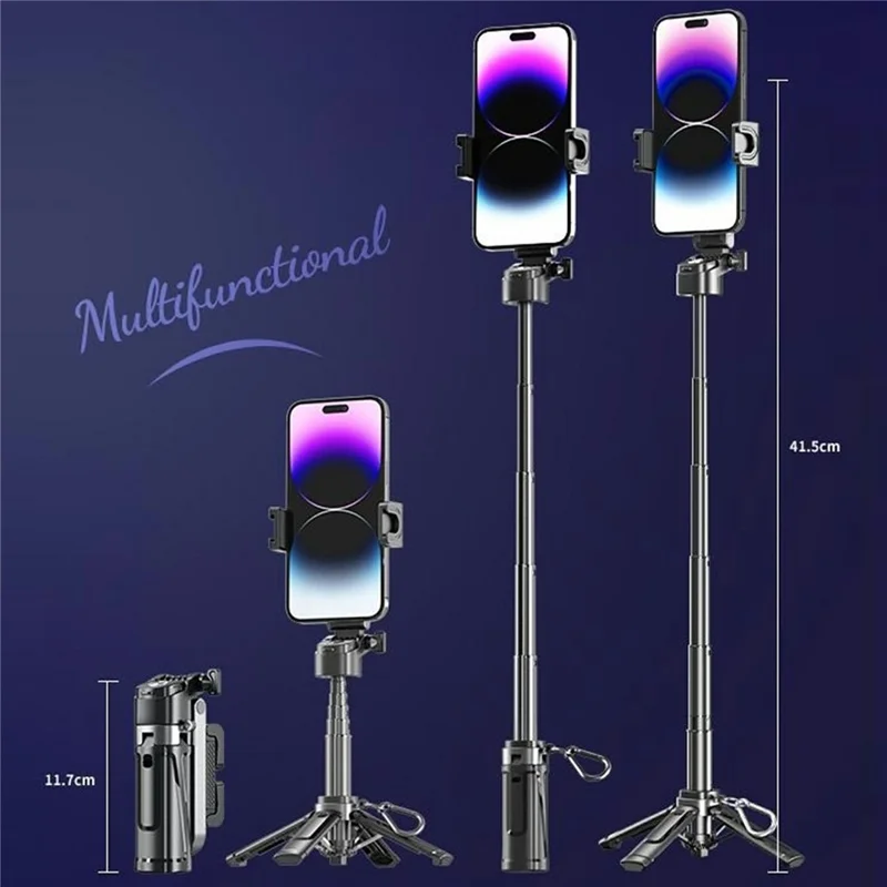 P25 Palo Selfie Portátil de Viaje Extensible con Soporte Antivibración de Cuatro Patas y 1 Luz de Relleno - Negro