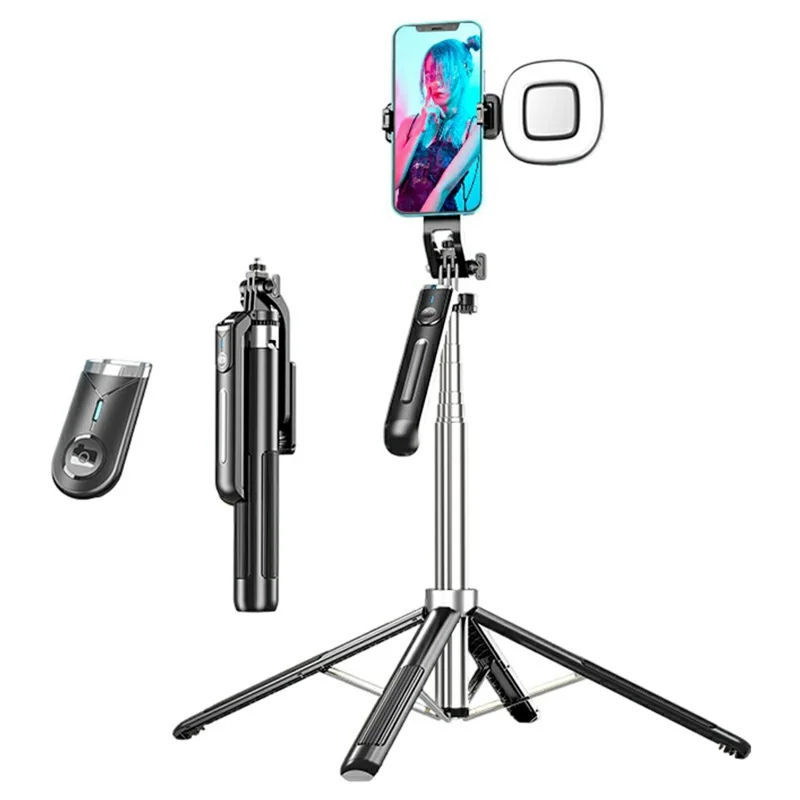 P190 Phone Selfie Stick Bluetooth-Compatible Extendable Floor Stand Four-Leg Bracket with 1 Fill Light