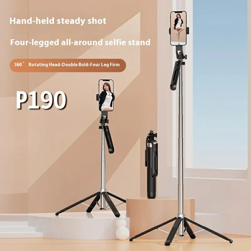 Bastão de Selfie P190 Compatível com Bluetooth, Extensível, Suporte com Tripé de Quatro Pernas e Luz de Anel de 10 Polegadas