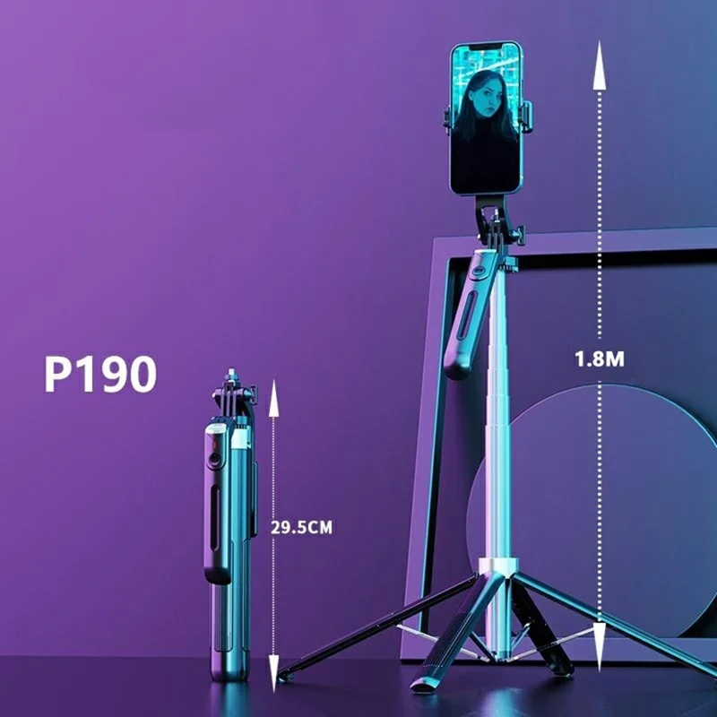 Bastão de Selfie P190 Compatível com Bluetooth, Extensível, Suporte com Tripé de Quatro Pernas e Luz de Anel de 10 Polegadas