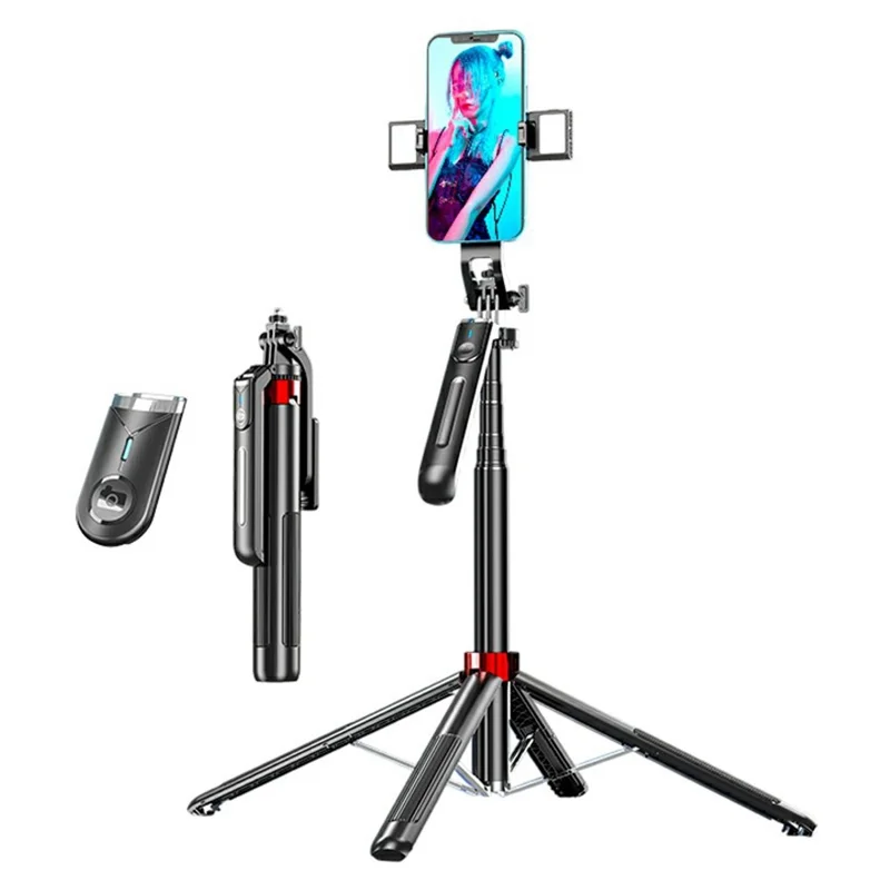 Palo de selfie P195 V2 con luz de relleno dual, compatible con Bluetooth, soporte extensible para teléfono con soporte de cuatro patas
