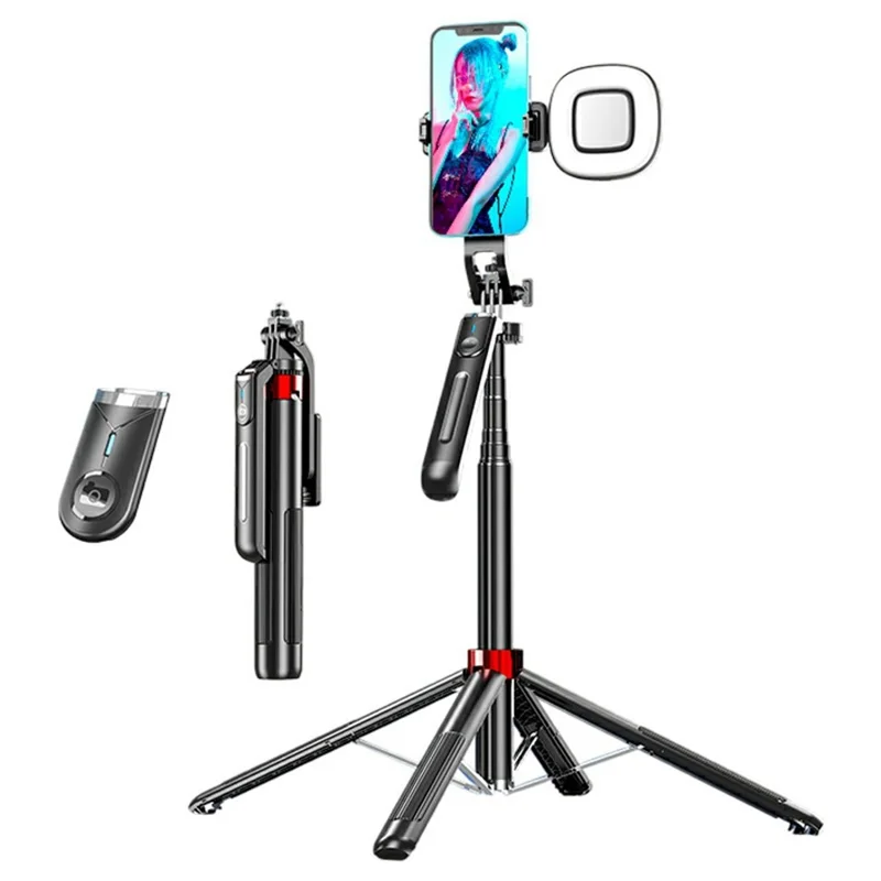 P195 Suporte de Selfie Compatível com Bluetooth Extensível Suporte de Telefone com Suporte de Quatro Pernas e 1 Luz de Preenchimento Quadrada