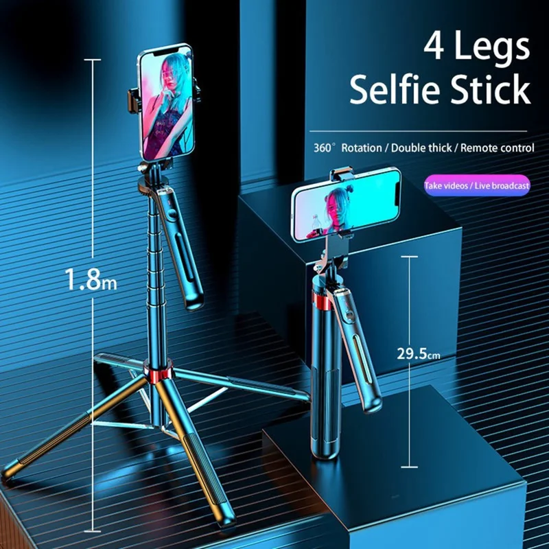 P195 Suporte de Selfie Compatível com Bluetooth Extensível Suporte de Telefone com Suporte de Quatro Pernas e 1 Luz de Preenchimento Quadrada