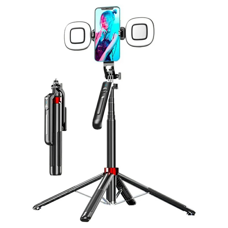 P195 Bluetooth-Compatible Selfie Stick Extendable Phone Stand Four-Leg Bracket with 2 Square Fill Lights