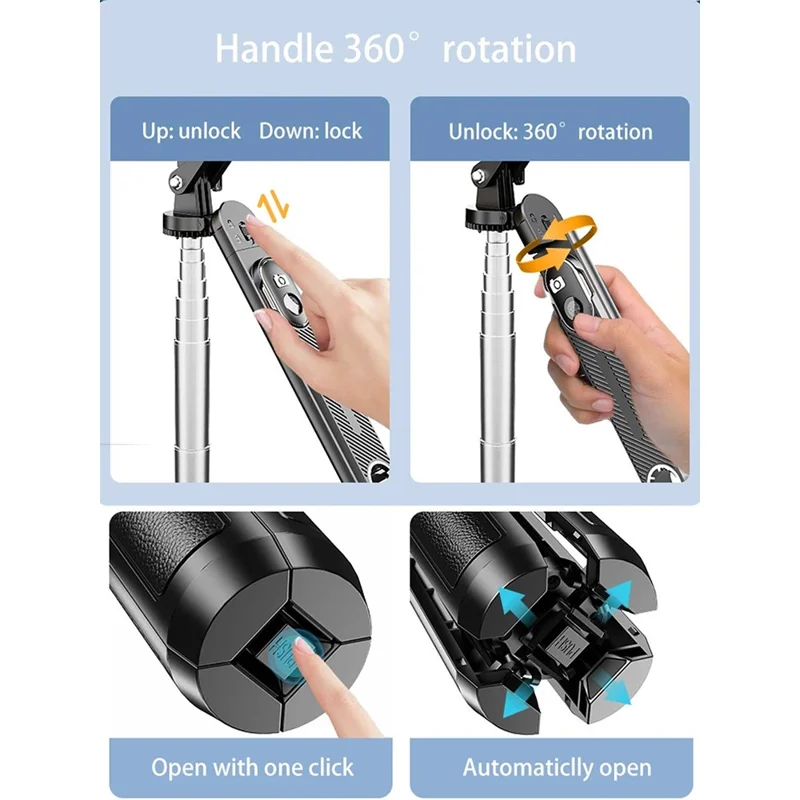 Perche à selfie télescopique P510 Support de téléphone 1,8m pour streaming en direct et photographie avec support à quatre pieds et télécommande déclencheur