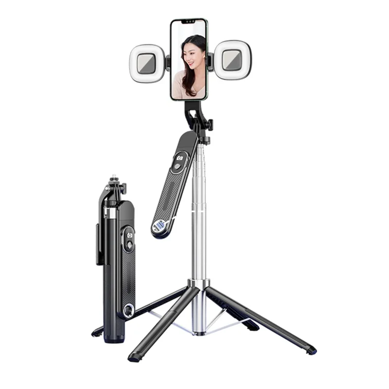 Bastão de Selfie Extensível para Celular P510 de 1,8 m com Suporte de Quatro Pernas e 2 Luzes de Preenchimento Quadradas para Transmissão ao Vivo