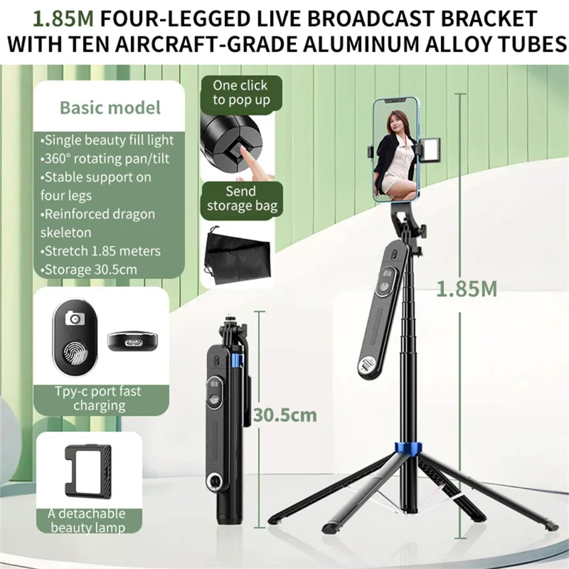 Perche P515 V2 Double Éclairage Selfie Stick Télescopique Compatible Bluetooth avec Déclencheur Photographique