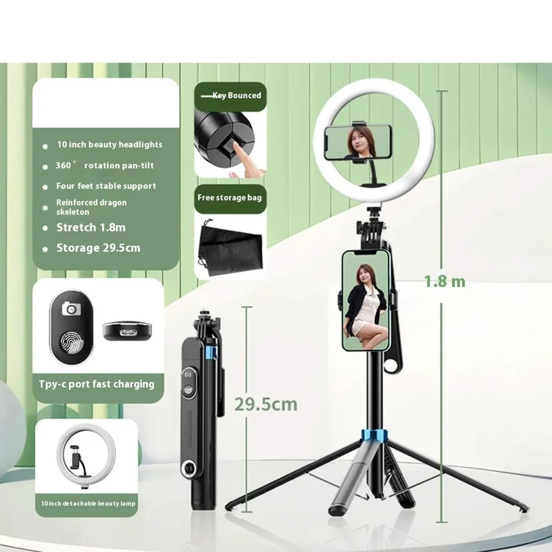 Perche P515 Support à Selfie Télescopique Compatible Bluetooth avec Déclencheur et Anneau Lumineux de 10 Pouces pour Photographie