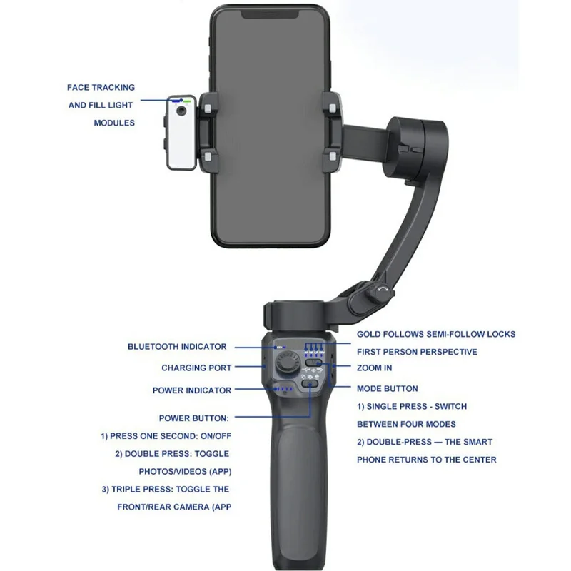 F11 For Smartphones AI Face Tracking Anti Shake Foldable 3 Axis Handheld Gimbal Stabilizer with App