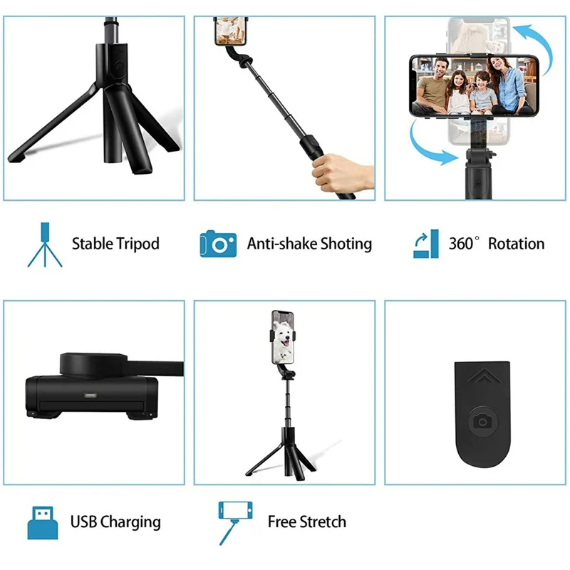 H5 Single Axis Stabilizer Smartphone Gimbal Extendable Selfie Stick Tripod with Bluetooth-Compatible Shutter - Black