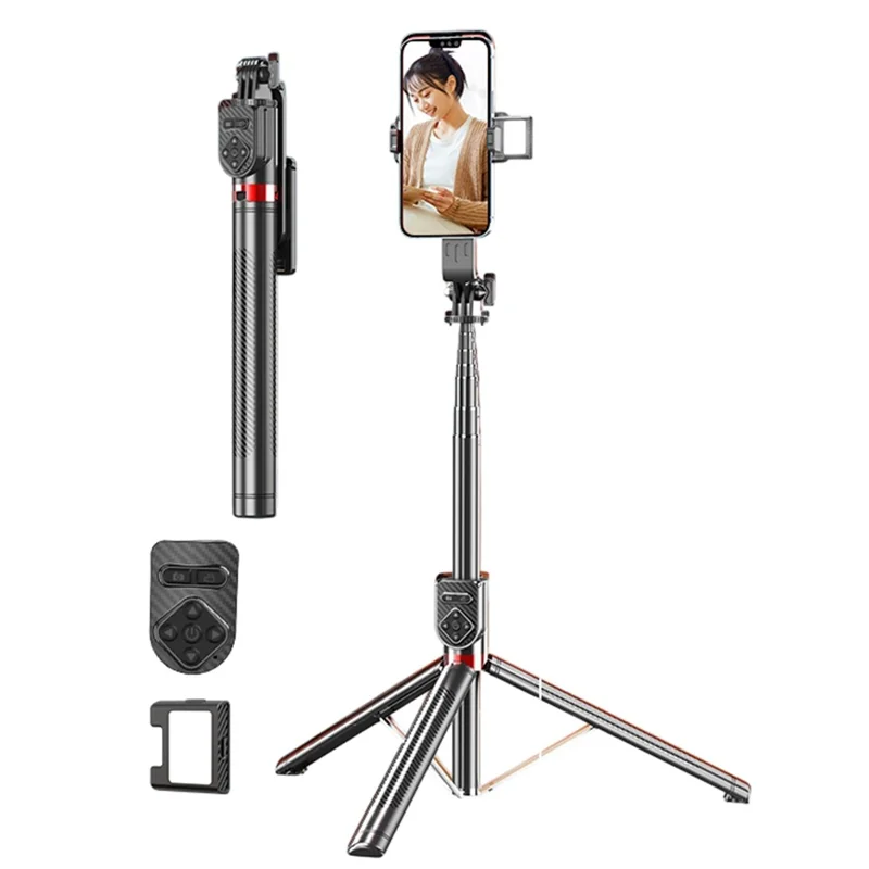 Tripé para Celular P100TK com Rotação de 360 Graus, Estabilização Anti-Vibração, Selfie Stick Compatível com Bluetooth e Luz de Preenchimento V1