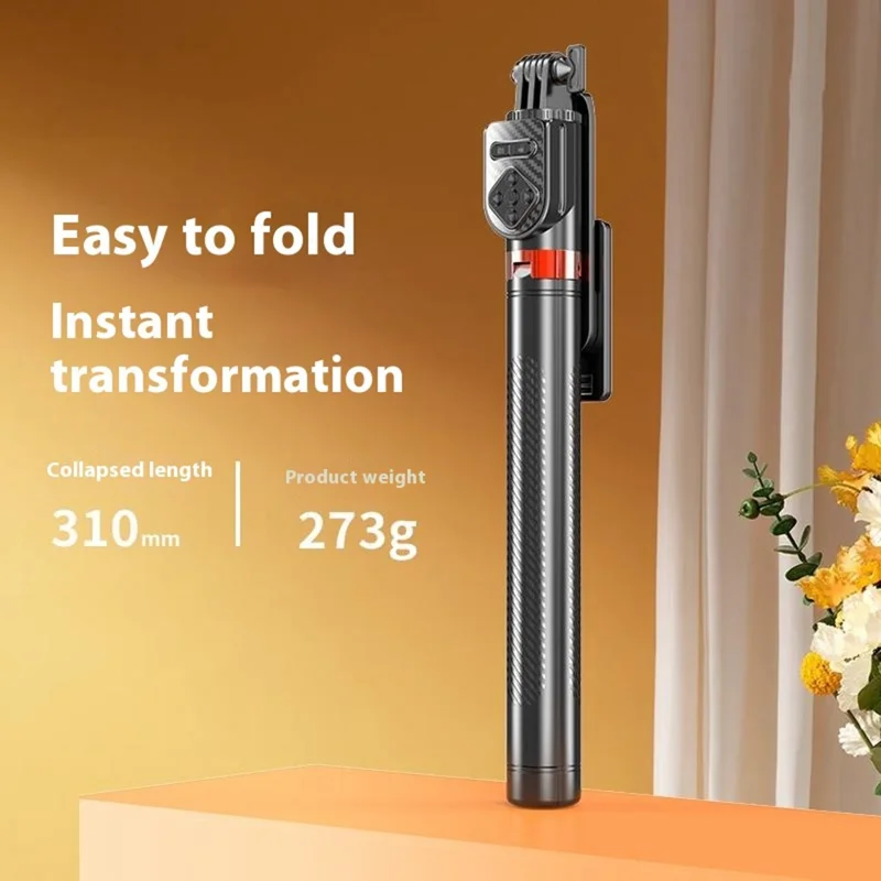 Tripé para Celular P100TK com Rotação de 360 Graus, Estabilização Anti-Vibração, Selfie Stick Compatível com Bluetooth e Luz de Preenchimento V1