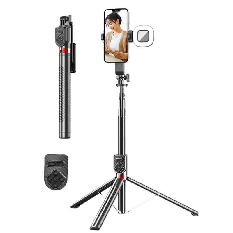 P100TK Anti Shake Phone Tripod Stand Retractable Bluetooth-compatible Selfie Stick with Single Square Fill Light