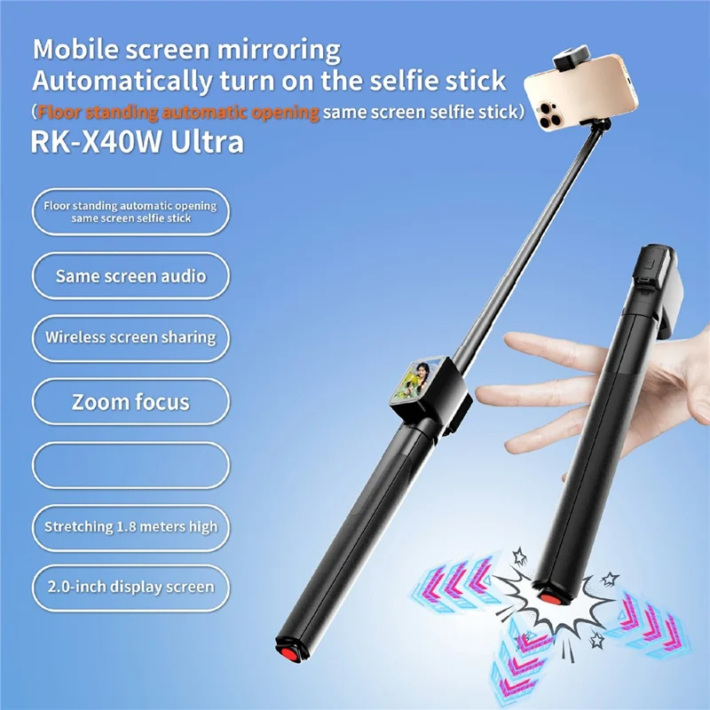 RK-X40W Ultra Smartphone Selfie Stick Tripod Vlog Shooting Auto Pop Open Stand with Screen Mirroring Device - Black