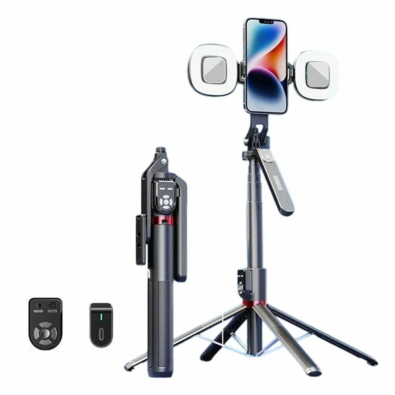 P325 Bluetooth-Compatible Selfie Stick Dual Remote Control Phone Anti-Shake Gimbal Handle Stand with 2 Square Fill Lights