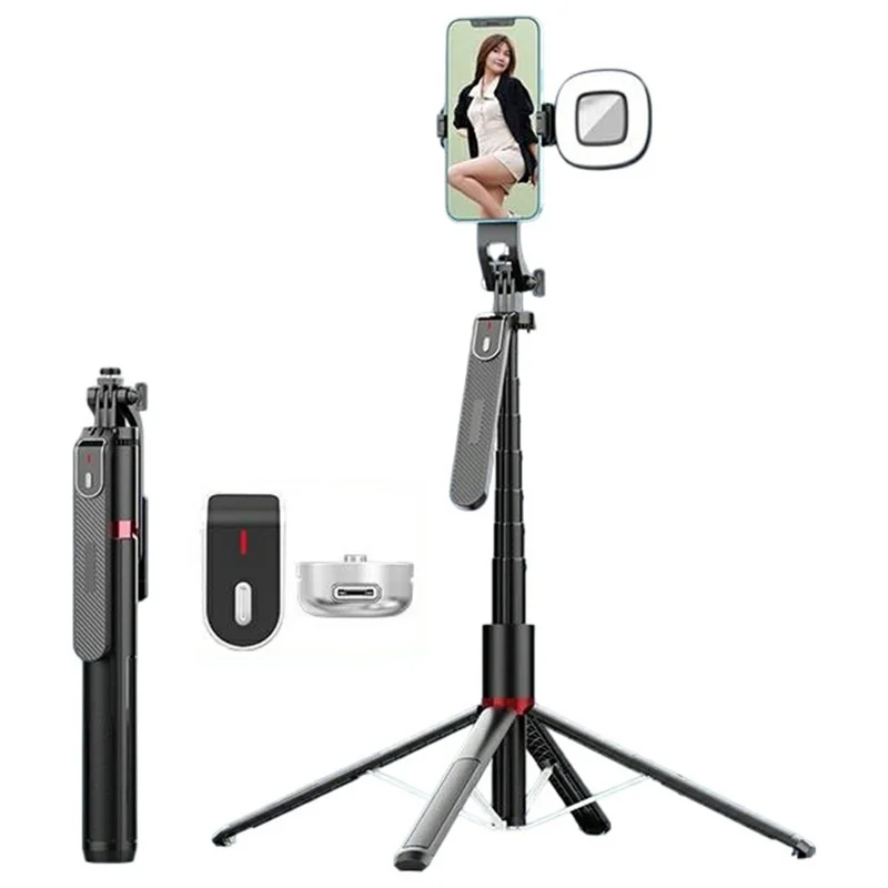 P185MAX 2.2m Extendable Bluetooth-Compatible Phone Selfie Stick Anti Shake Aluminum Alloy Stand with 1 Square Fill Light