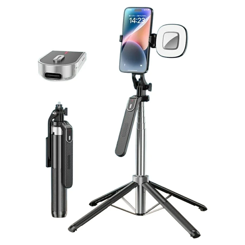 P180mini Portable Phone Selfie Stick Bluetooth-Compatible Remote Control Extendable Stand with 1 Square Fill Light