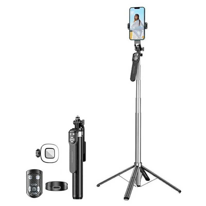 P180TK Phone Selfie Stick Bluetooth-Compatible TikTok Remote Control Extendable Stand with 1 Square Fill Light