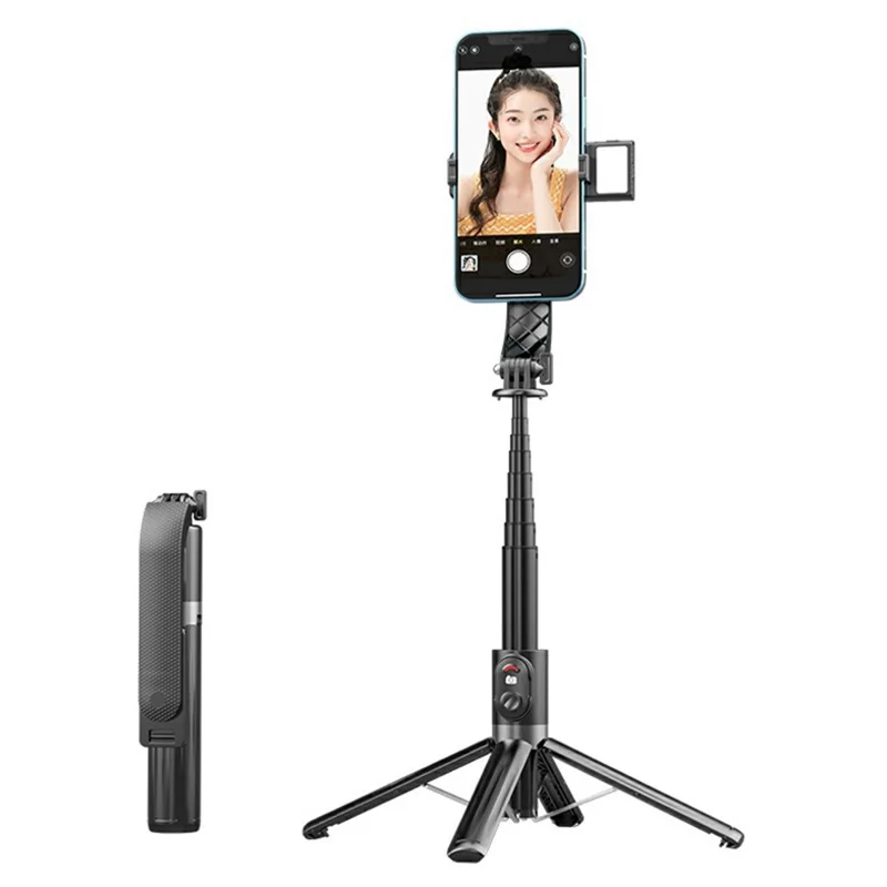 P07MAX Single V1 Fill Light Bluetooth-Compatible Selfie Stick Smartphones Remote Control Extendable 4-Leg Stand - Black