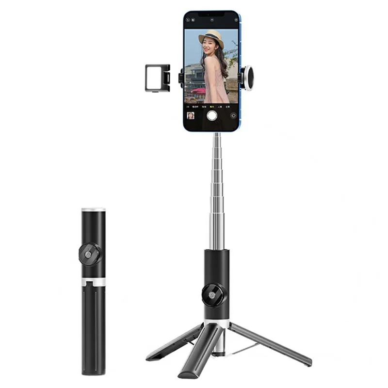P12S Portable Bluetooth-Compatible Remote Control Selfie Stick Smartphones Extendable Tripod with 1 Fill Light