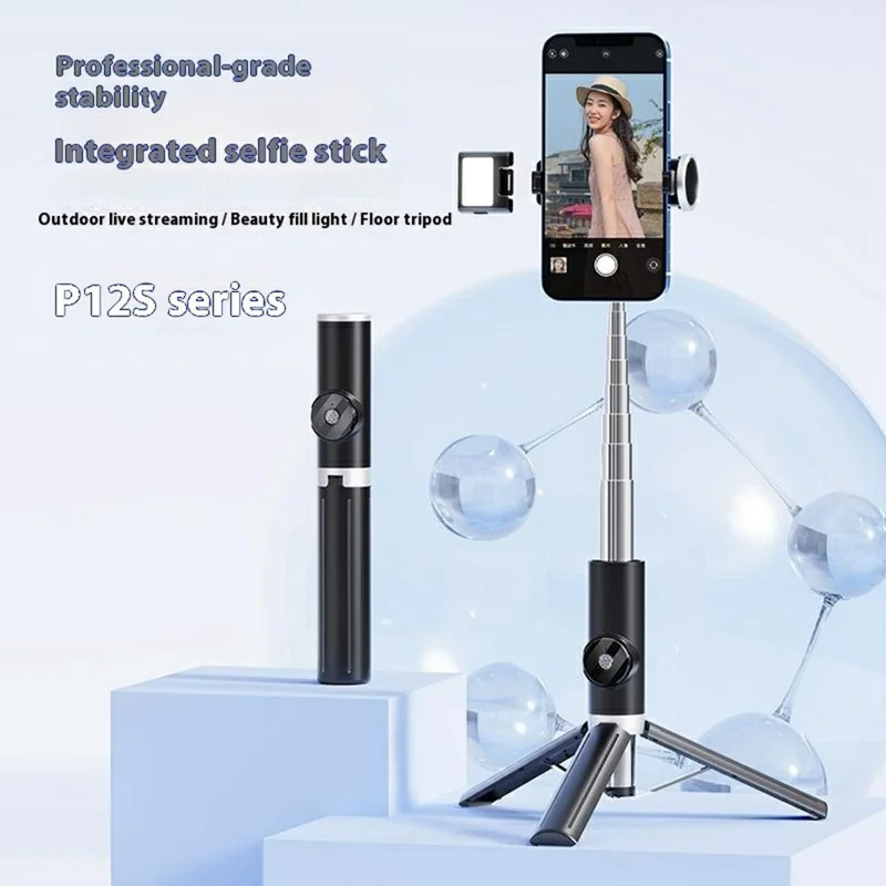 P12S Portable Bluetooth-Compatible Remote Control Selfie Stick Smartphones Extendable Tripod with 1 Fill Light