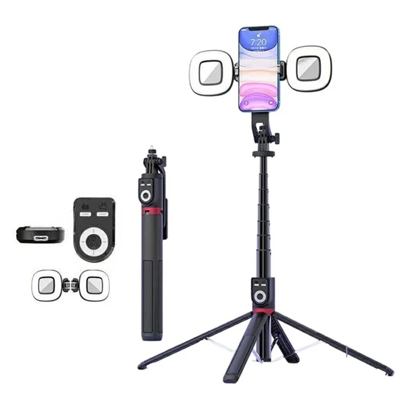 P225TK Portable Phone Selfie Stick Extended Aluminum Alloy Stand with TikTok Remote Control + 2 Square Fill Lights