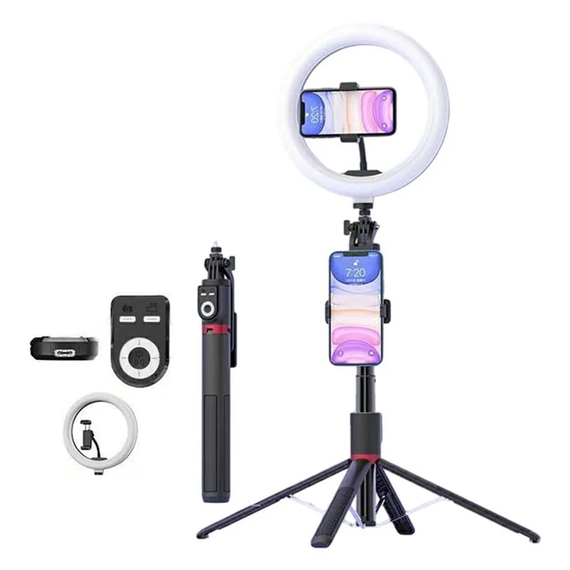 P225TK Portable Phone Selfie Stick Extended Aluminum Alloy Stand with TikTok Remote Control + Ring Light