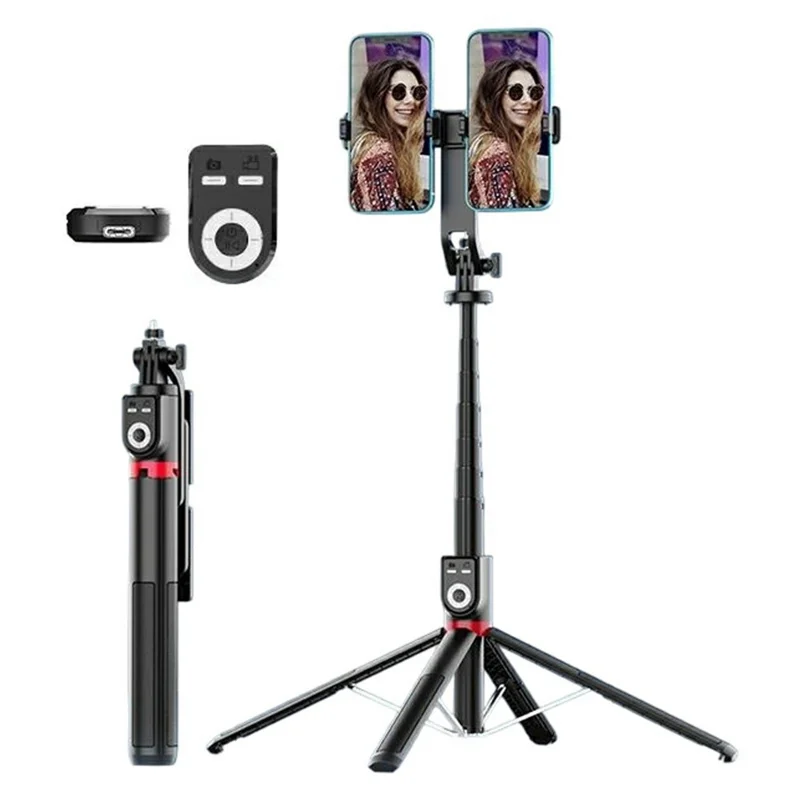 P225TK Dual Phone Clip Portable Selfie Stick Extended Aluminum Alloy Stand with TikTok Remote Control