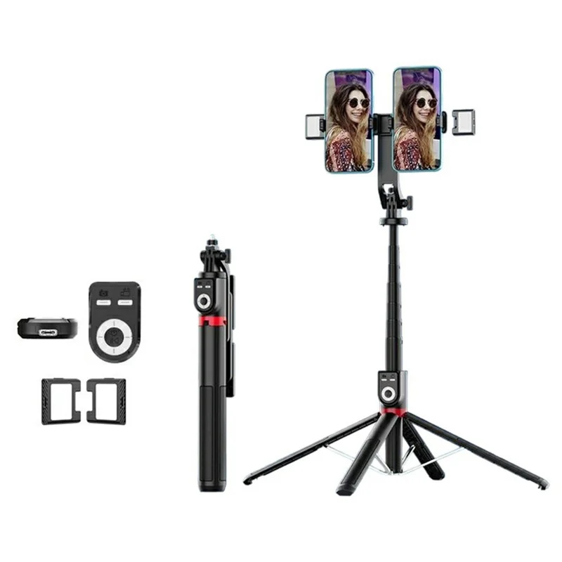 P225TK Dual Phone Clip Portable Selfie Stick TikTok Remote Control Extended Aluminum Alloy Stand with 2 Fill Lights