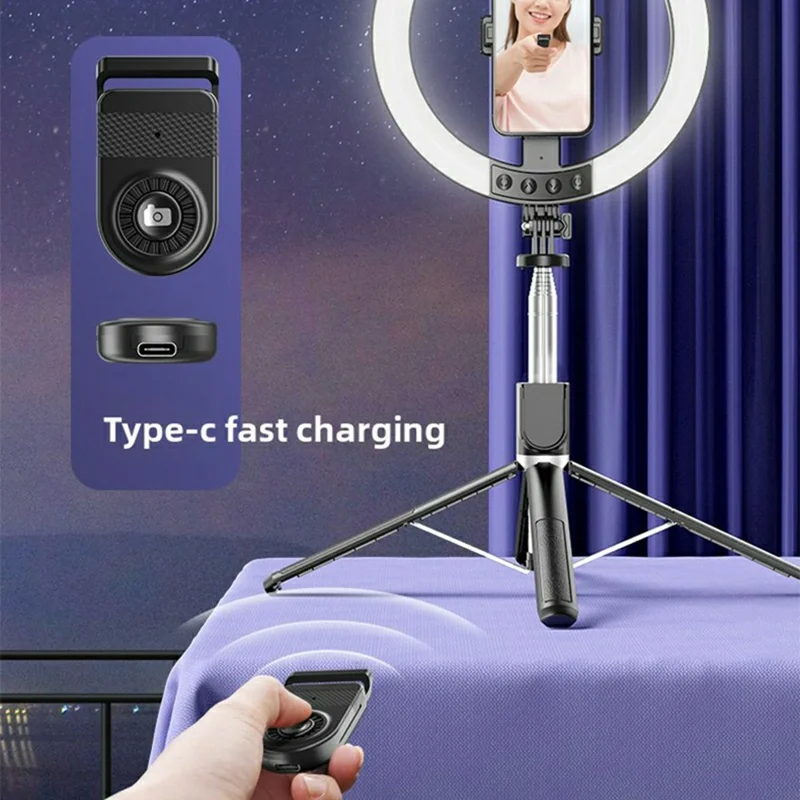 Bastone Selfie P220Q da 2,3 m con Supporto Portatile per Streaming Live all'Aperto e Anello Luminoso LED da 10 Pollici