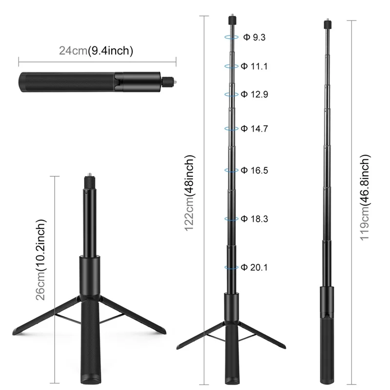 PULUZ PU497B For Insta360 X4 / X3 Panoramic Camera Selfie Stick Action Cameras Tripod Monopod