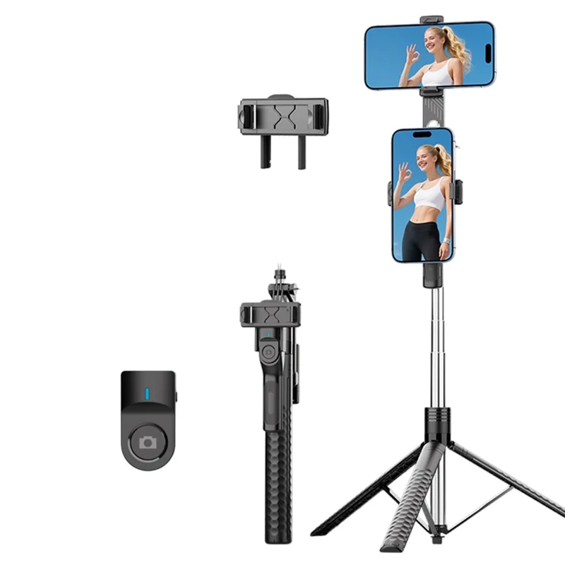 K50 Dual Phone Clip Bluetooth-Compatible Selfie Stick 1.9m Extendable Live Streaming Tripod - Black