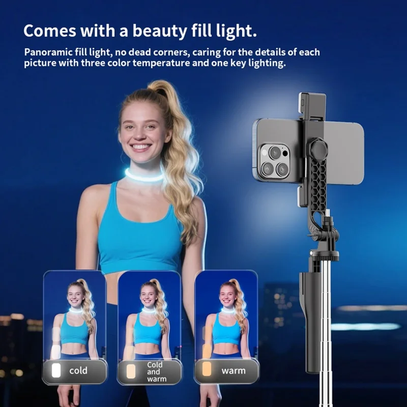 K50 Dual Phone Clip Bluetooth-Compatible Selfie Stick 1.9m Extendable Live Streaming Tripod - Black