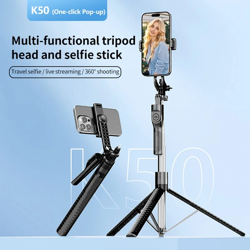 K50 Dual Phone Clip Bluetooth-Compatible Selfie Stick 1.9m Extendable Live Streaming Tripod - Black