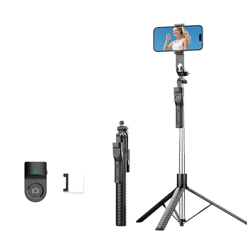 K50 Single Phone Clip Bluetooth-Compatible Selfie Stick 1.9m Extendable Tripod with 1 Fill Light - Black