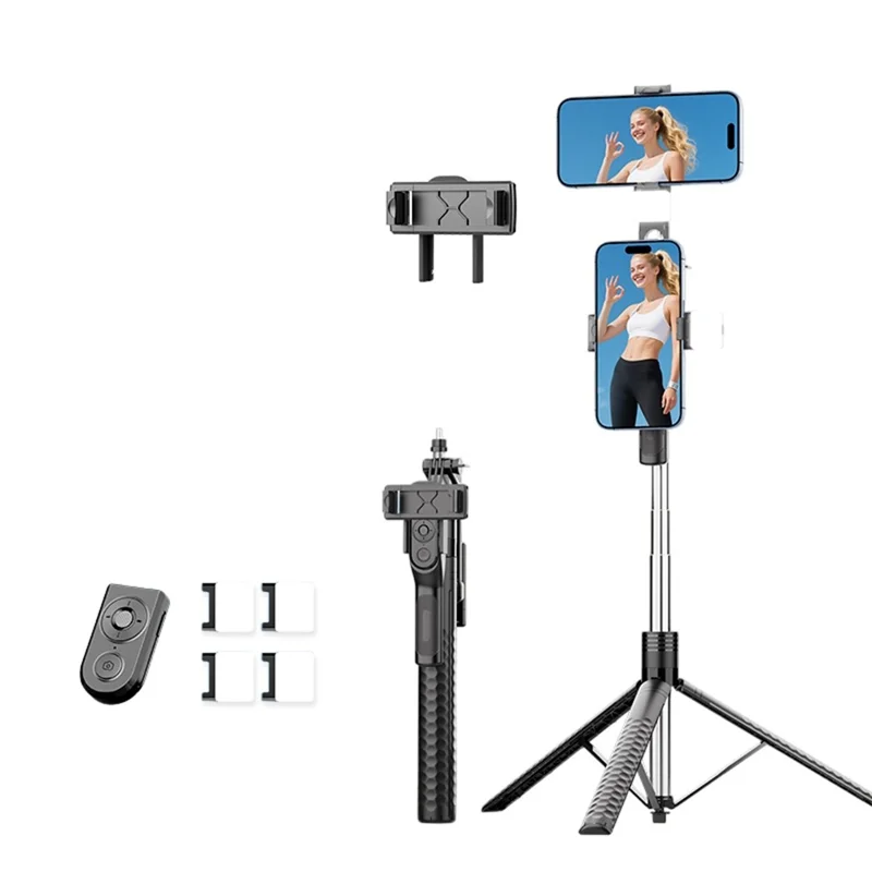 K50 Dual Phone Clip TikTok Bluetooth-Compatible Selfie Stick 1.9m Extendable Tripod with 4 Fill Lights - Black