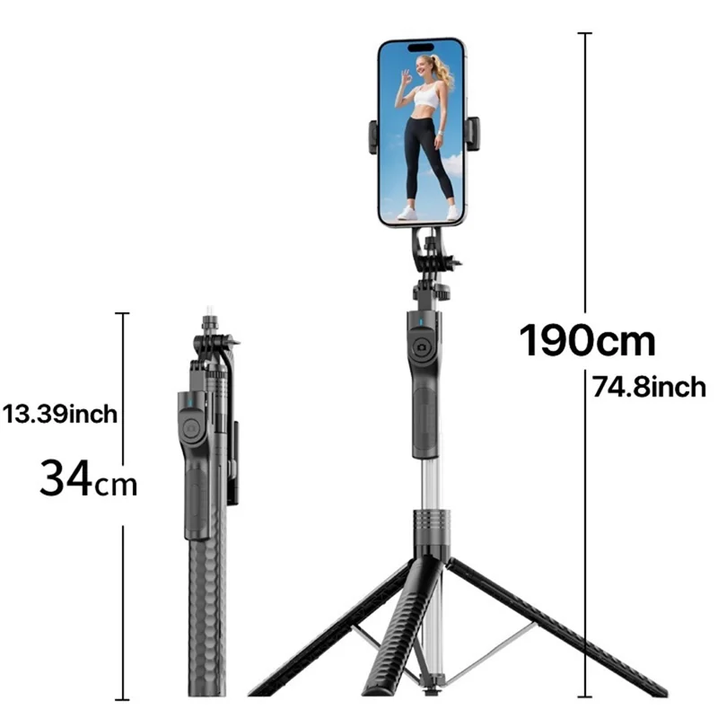 K50 Dual Phone Clip TikTok Bluetooth-Compatible Selfie Stick 1.9m Extendable Tripod with 4 Fill Lights - Black