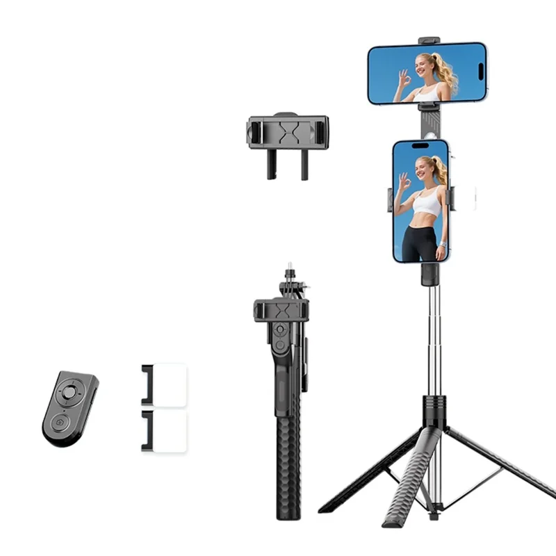 K50 Dual Phone Clip TikTok Bluetooth-Compatible Selfie Stick 1.9m Extendable Tripod with 2 Fill Lights - Black