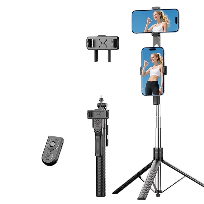 K50 Dual Phone Clip TikTok Bluetooth-Compatible Selfie Stick 1.9m Extendable Live Streaming Tripod - Black