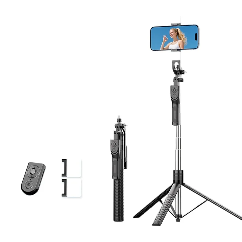 K50 Single Phone Clip TikTok Bluetooth-Compatible Selfie Stick 1.9m Extendable Tripod with 2 Fill Lights - Black