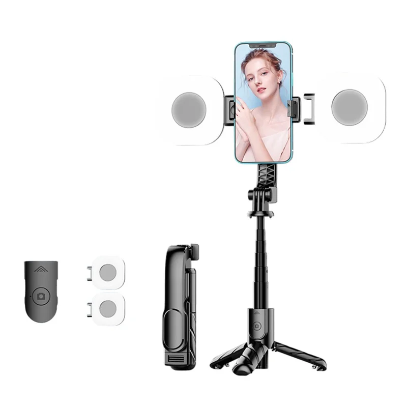 K25MINI Portable Bluetooth-Compatible Selfie Stick Smartphone Photography Tripod with 2 Square Fill Lights