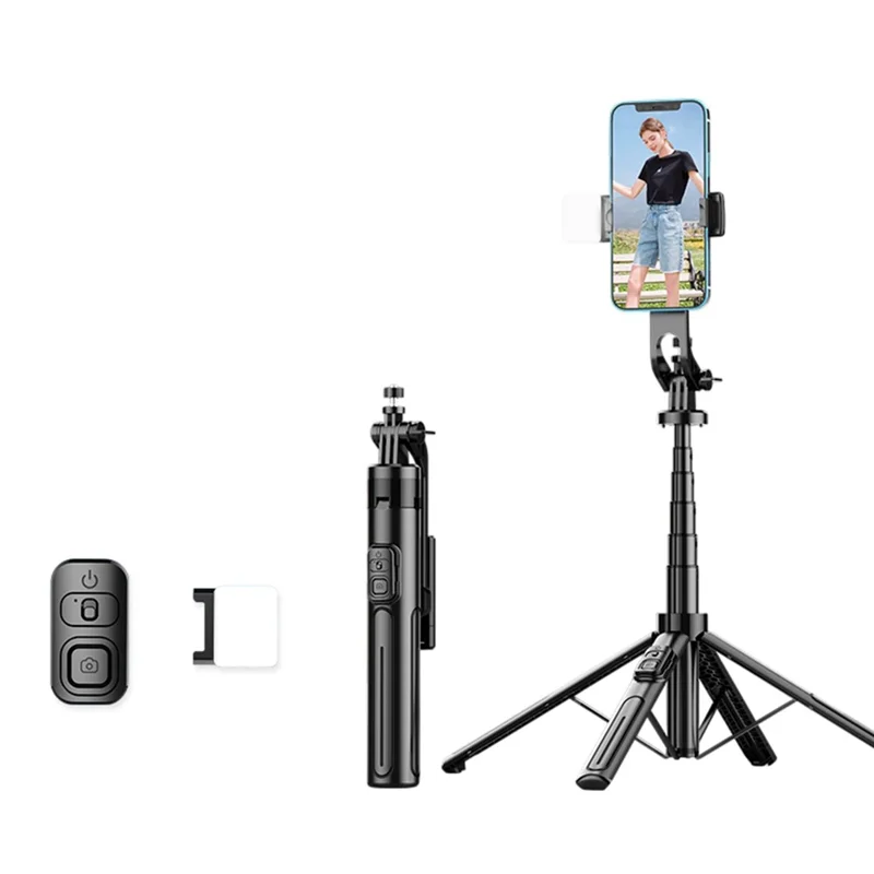 K27 Bluetooth-Compatible Selfie Stick Phone Extendable Live Streaming 4-Leg Stand with 1 Fill Light - Black